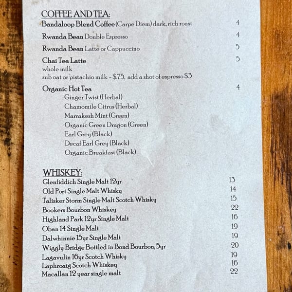 Bandaloop's coffee, tea, and whiskey menu, featuring various blends, organic teas, and single malt whiskeys.