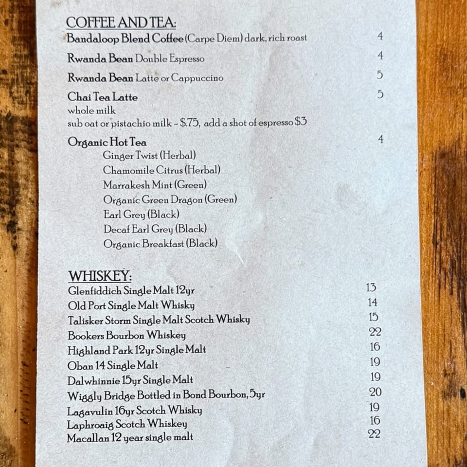 Bandaloop's coffee, tea, and whiskey menu, featuring various blends, organic teas, and single malt whiskeys.