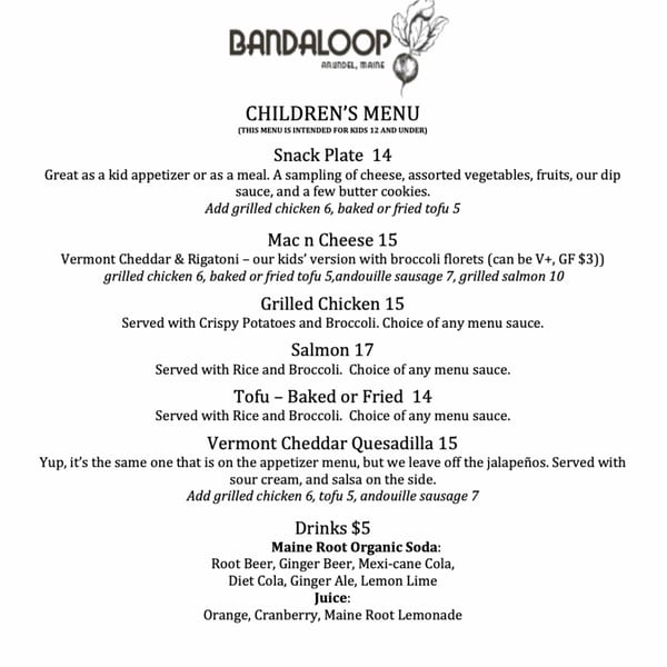 Bandalooop restaurant's children's menu, featuring snack plates, mac n cheese, grilled chicken, salmon, tofu, quesadillas, and drinks.