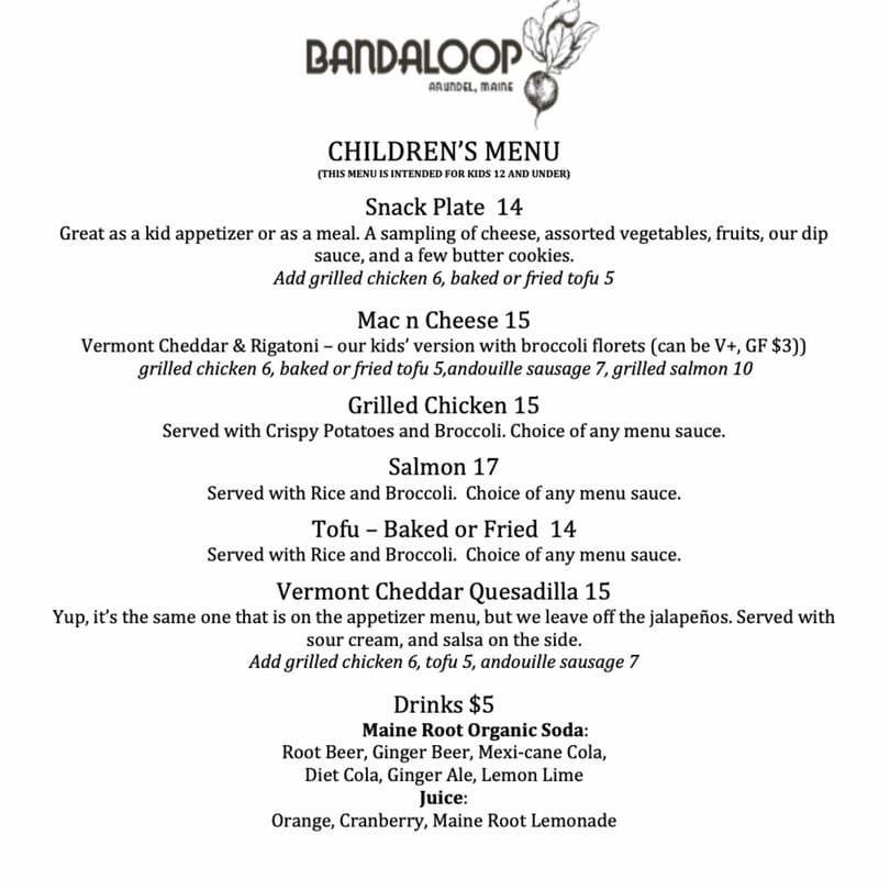 Bandalooop restaurant's children's menu, featuring snack plates, mac n cheese, grilled chicken, salmon, tofu, quesadillas, and drinks.