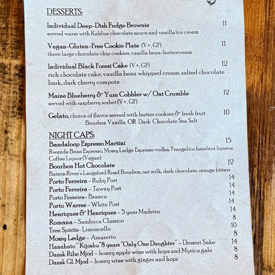 A Bandaloop restaurant menu featuring desserts and night caps with prices.